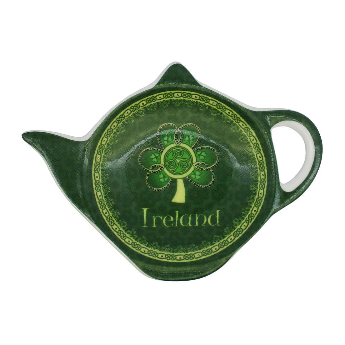 Shamrock Spiral Ireland Tea Bag Holder With A Green & Yellow Celtic Design