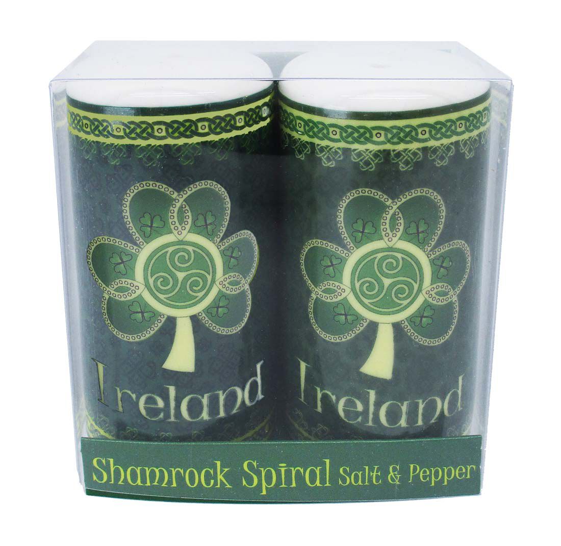 Shamrock Spiral Ireland Salt & Pepper Shaker With A Green & Yellow Celtic Design