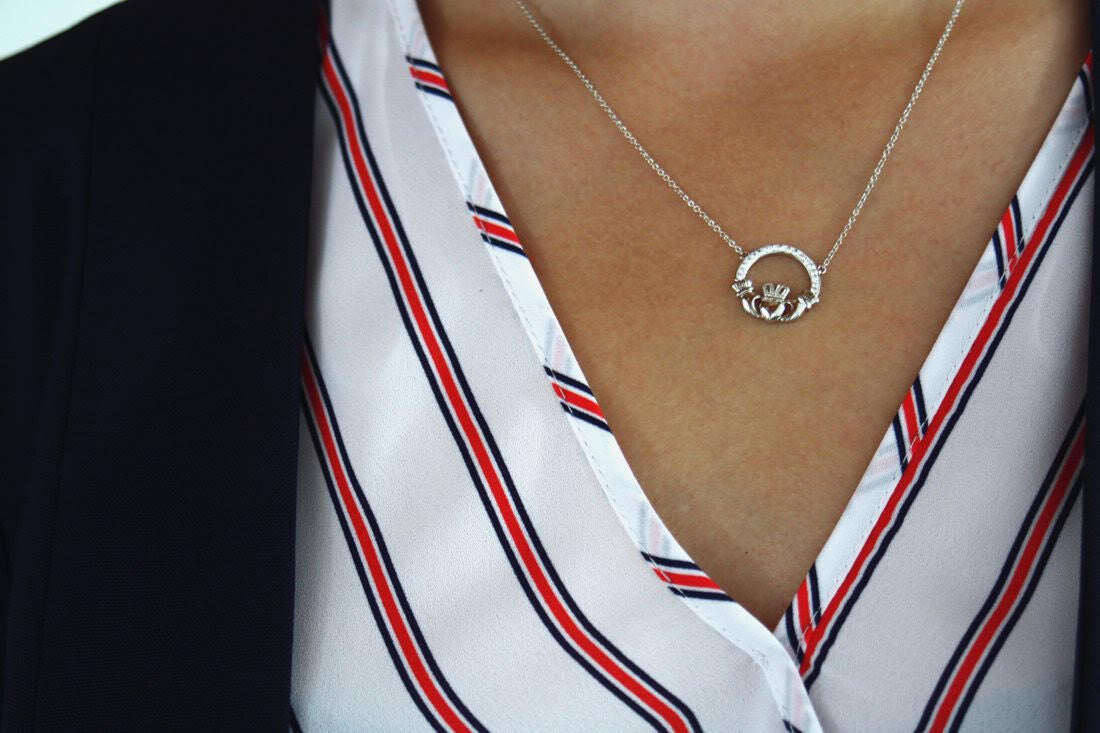 Platinum Plated Claddagh Necklace With Clear Crystal