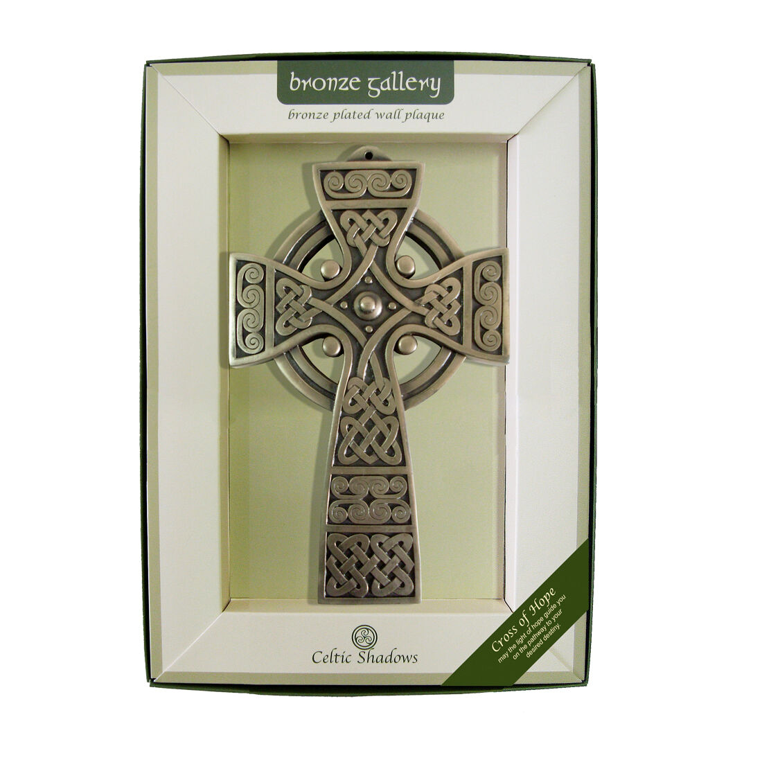 Bronze Celtic cross wall plaque with intricate knot designs in packaging