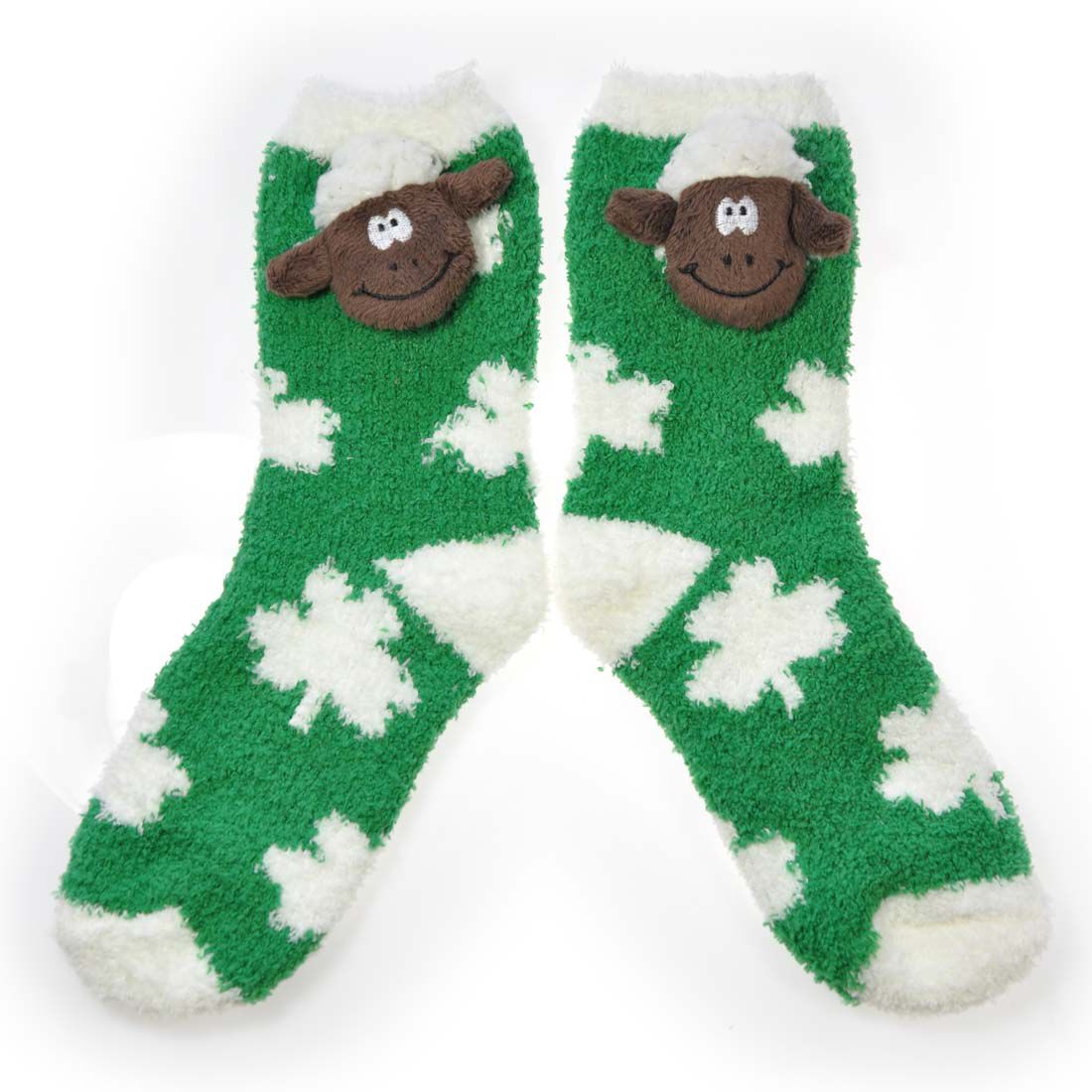Pair of green fleece socks with white patches and attached plush sheep heads