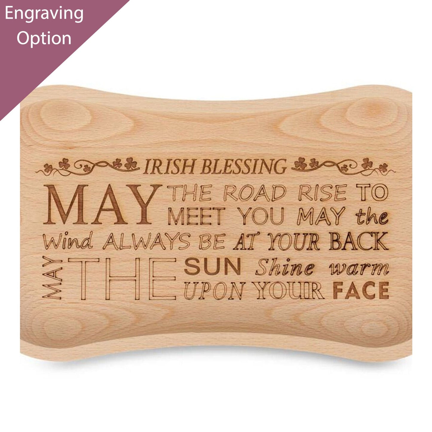 Oak handcrafted wooden tray with curved edges and an Irish blessing engraving across the surface