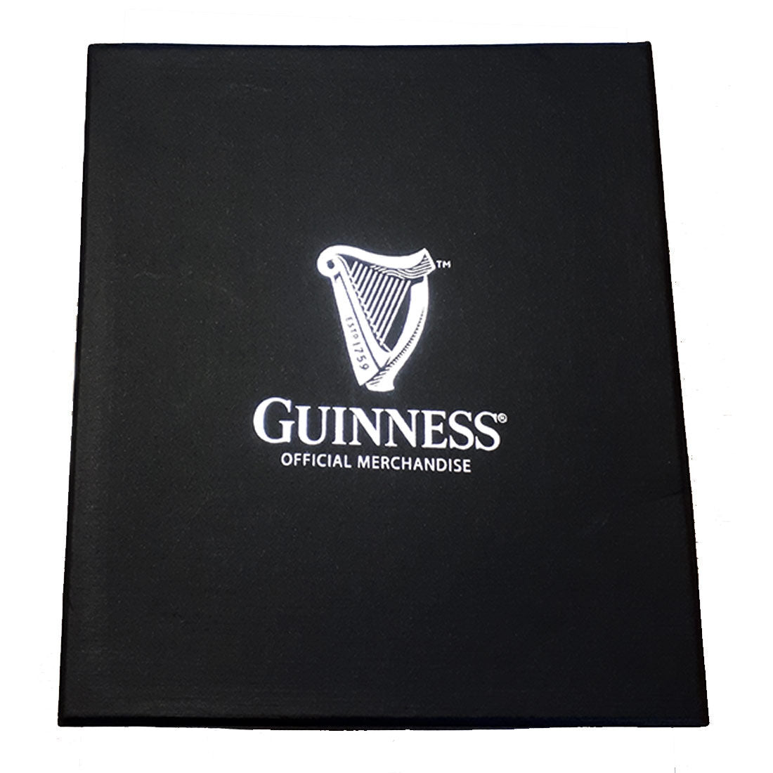 Black box with white Guinness harp logo and official merchandise text