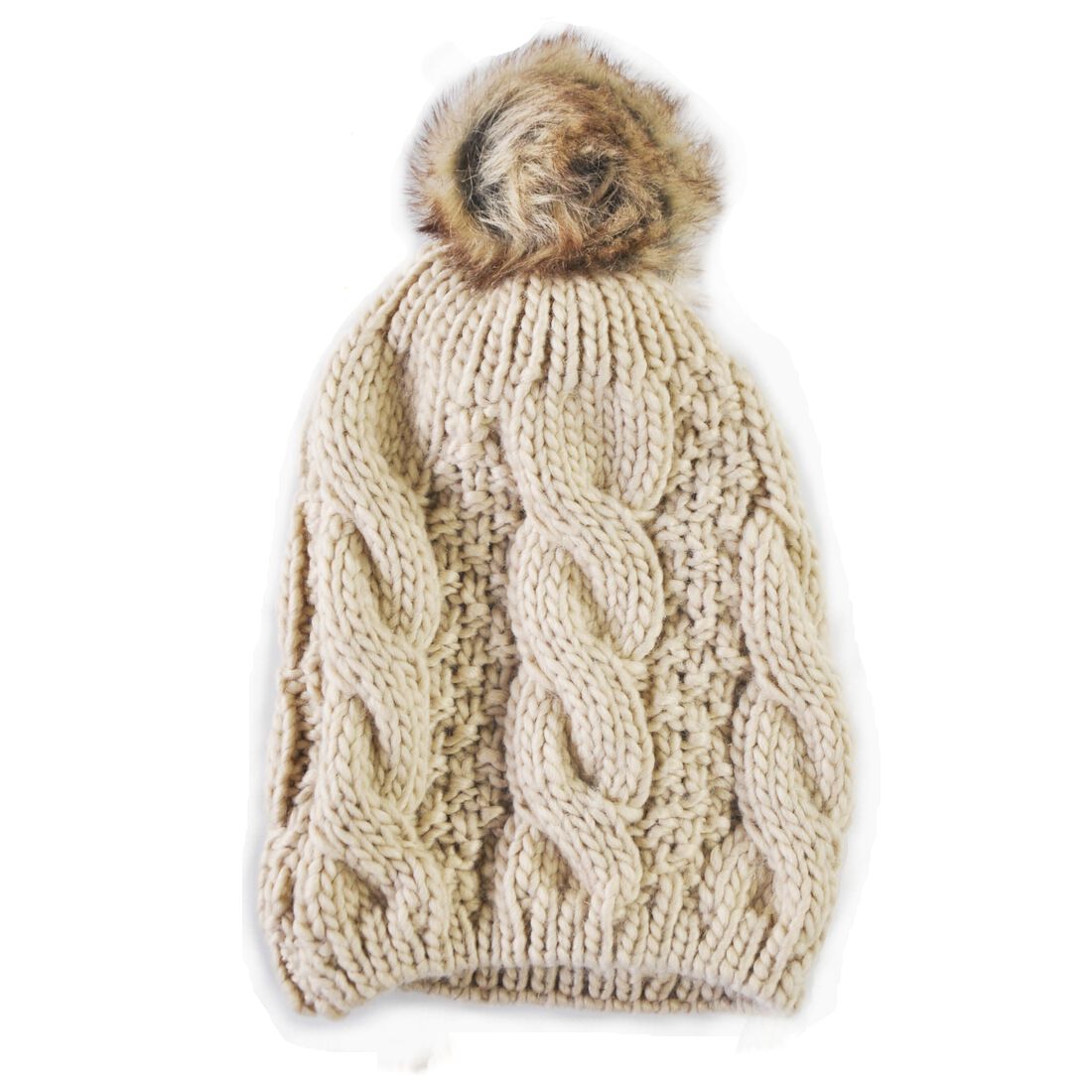 Knit Style Black Tammy Hat With Faux Fur Bobble Beige