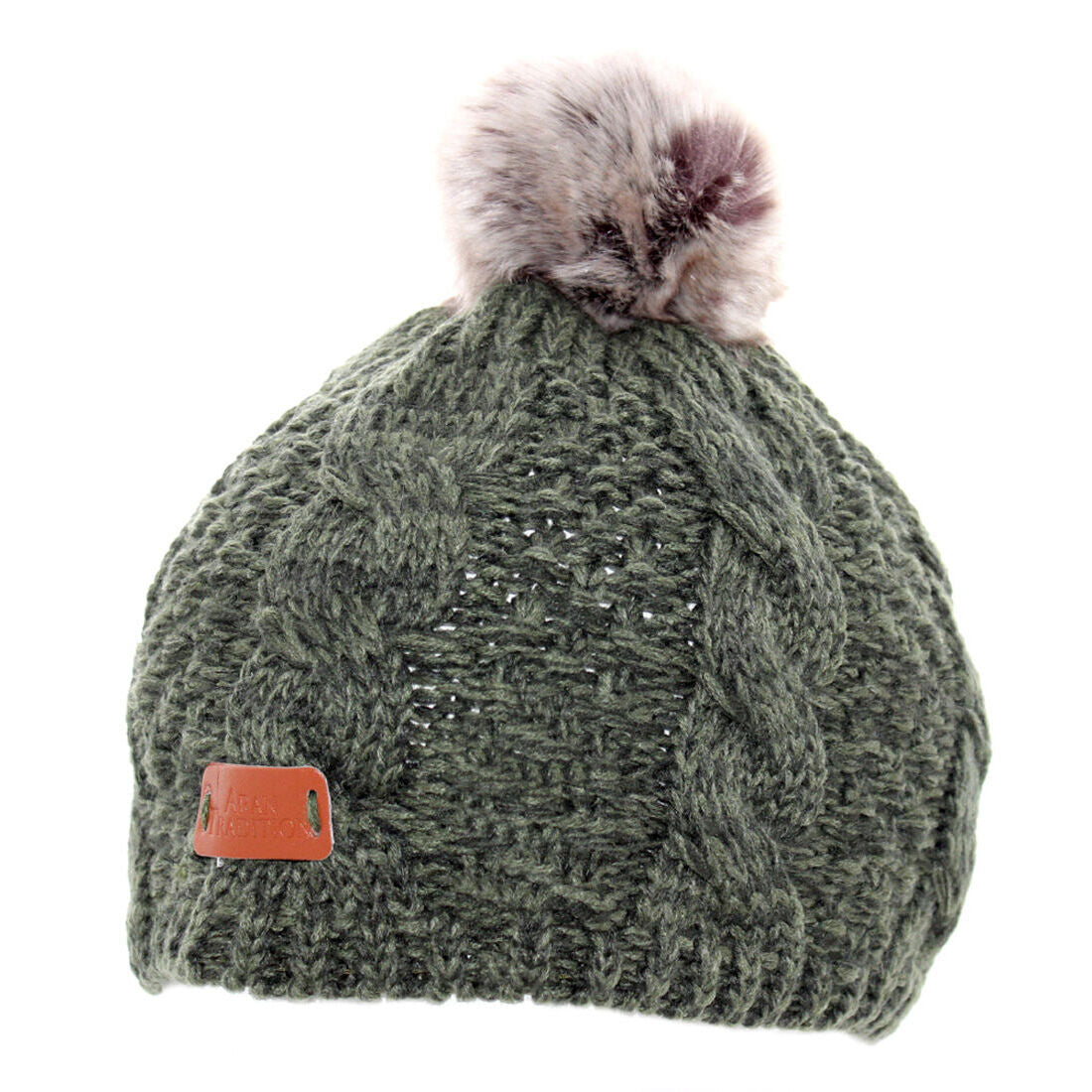 Knit Tammy Hat With Faux Fur Bobble Dark Green