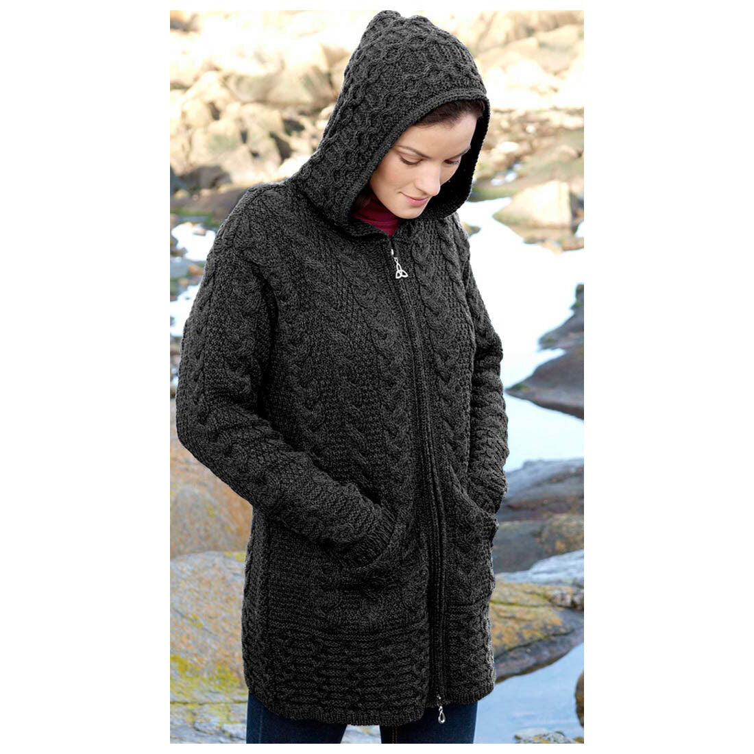 Ladies Merino Wool Hooded Charcoal Coat