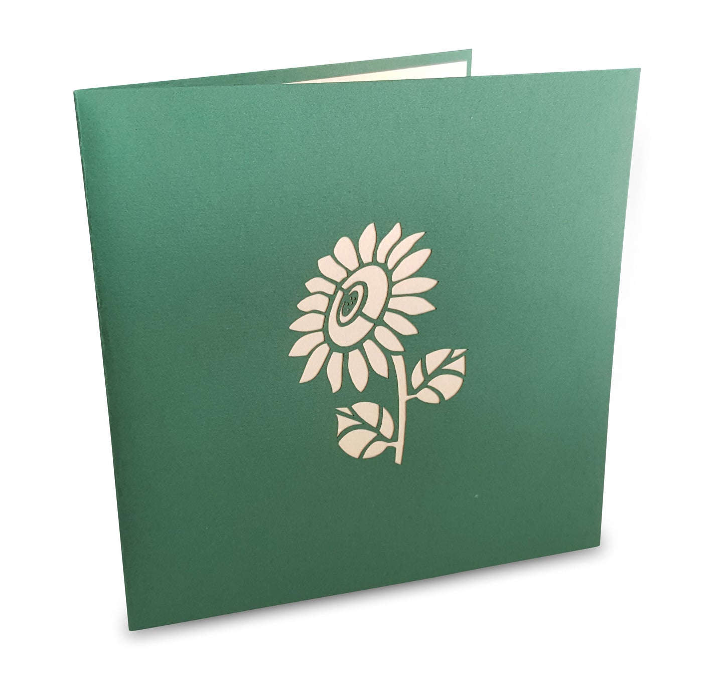Green card with a white sunflower cutout on the front