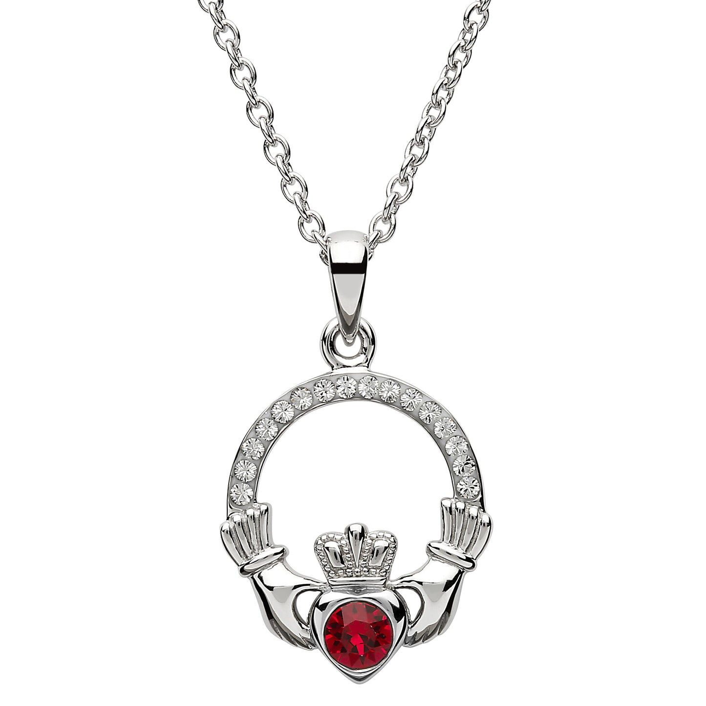 Shanore Claddagh July Ruby Birthstone necklace Adorned With Crystal