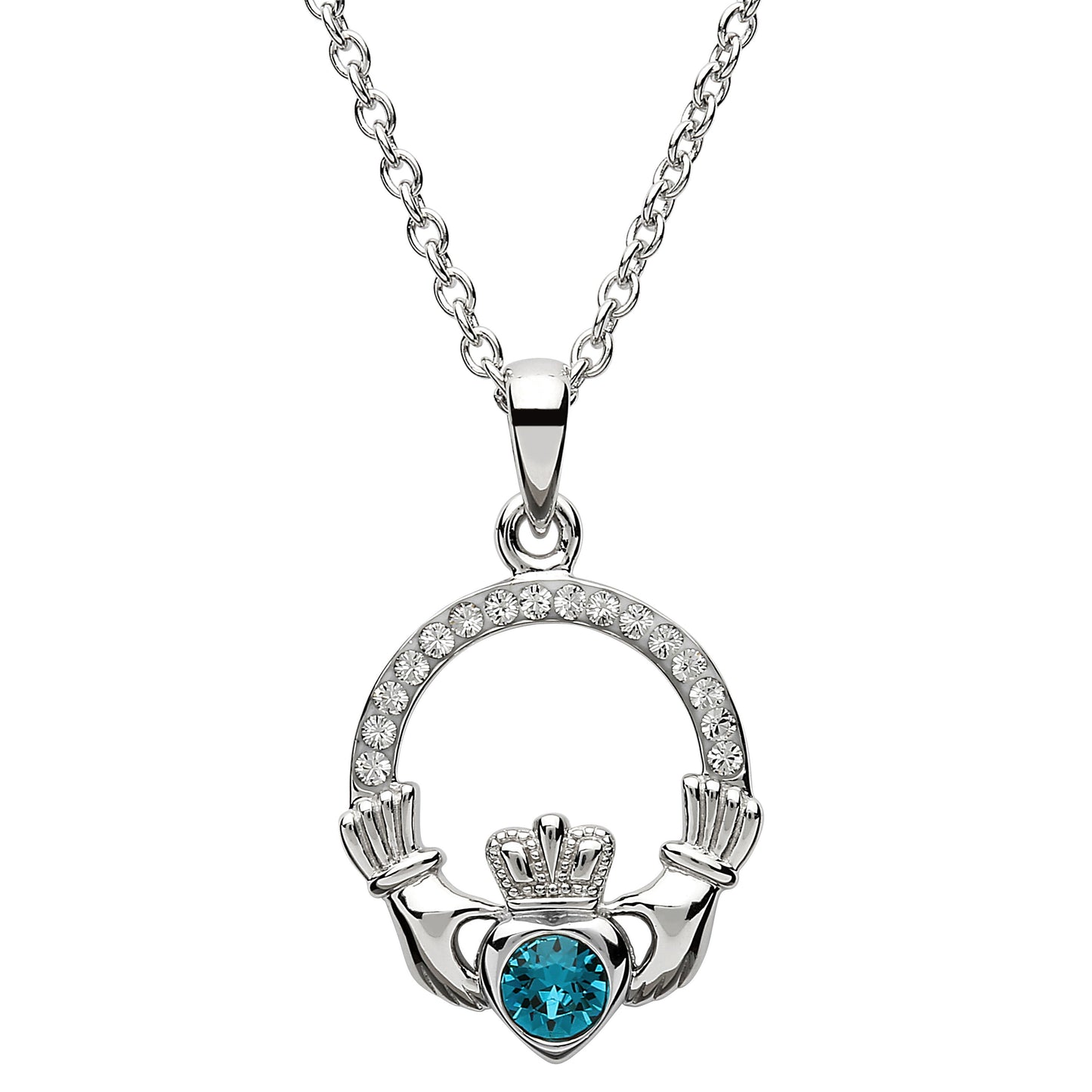Shanore Claddagh December Blue Topaz Birthstone necklace Adorned With Crystal