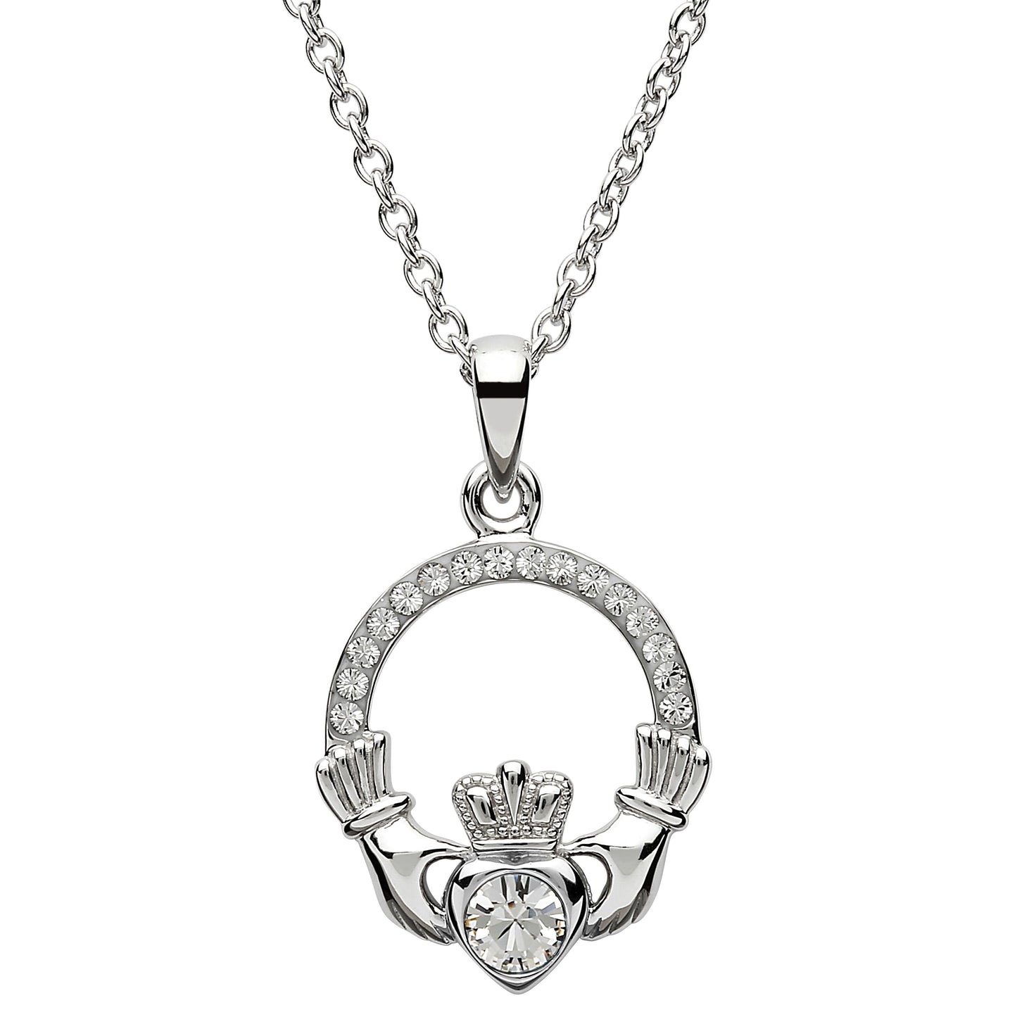 Shanore Claddagh April White Crystal Birthstone necklace Adorned With Crystal