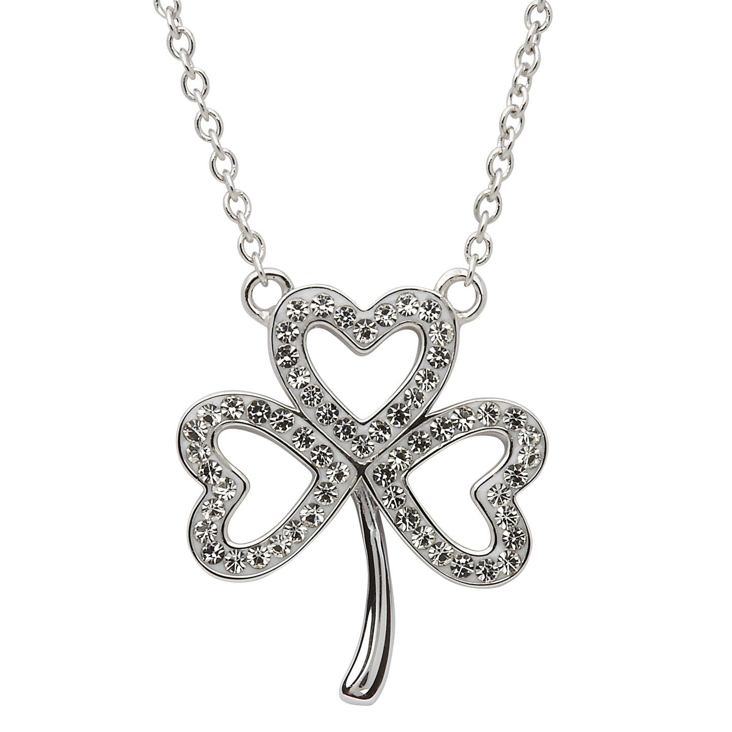 Platinum Plated Open Shamrock necklace With Clear Crystal