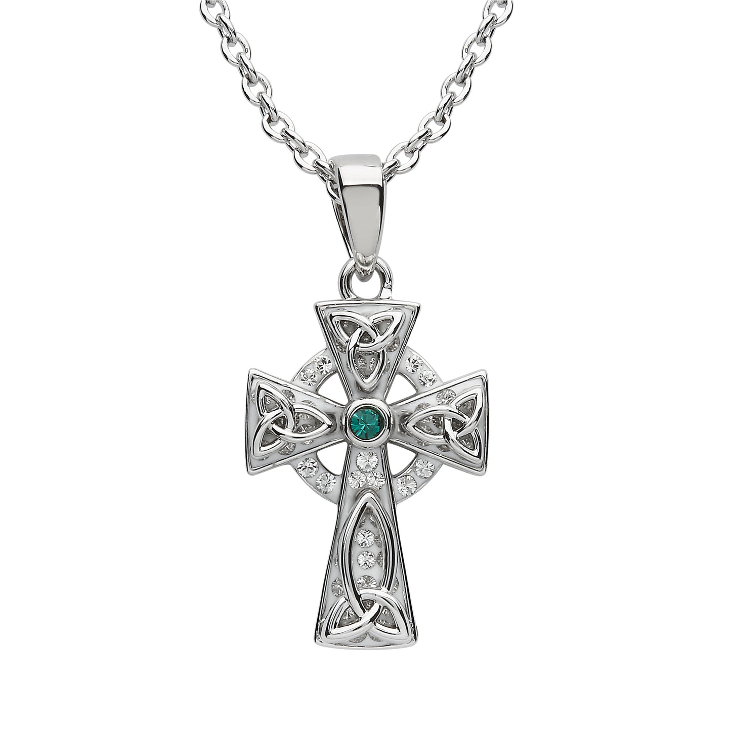 Platinum Plated Celtic Cross necklace With Green Crystals Centre Stone