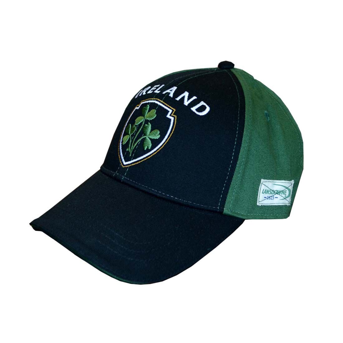 Baseball Cap With Half Green Half Black With Embossed Ireland & Shamrock Crest