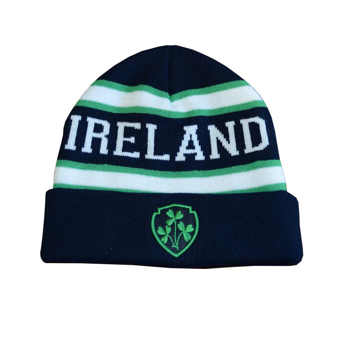 Knitted Navy Beanie Hat With Ireland Lettering & Embroidered Shamrock Crest