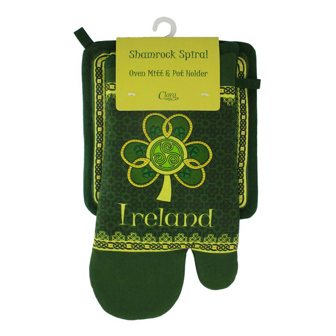 Shamrock Spiral Ireland Oven Glove & Pot Holder With Green Yellow Celtic Design