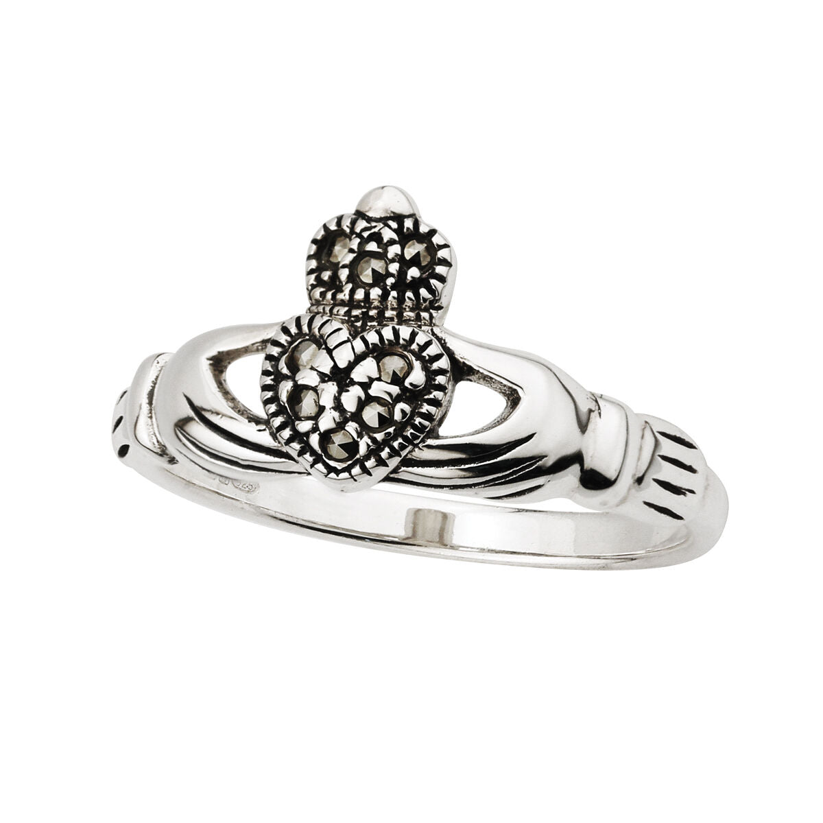 Ladies Claddagh Ring With Marcasite Stones Hallmarked Sterling Silver