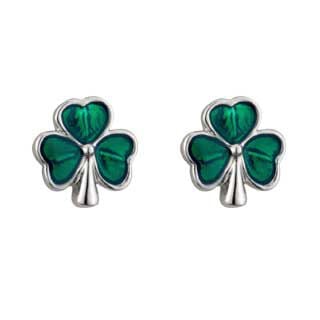 Rhodium Plated Shamrock Stud Earrings With Green Leaves
