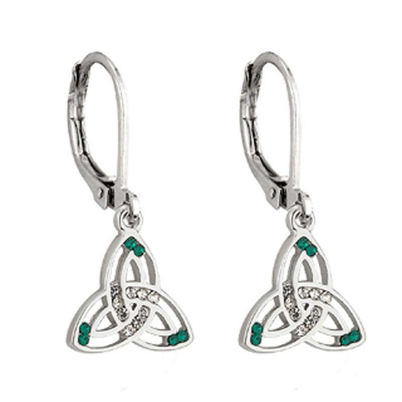 Rhodium Plated Trinity Knot Drop Earrings With Green & White Crystal