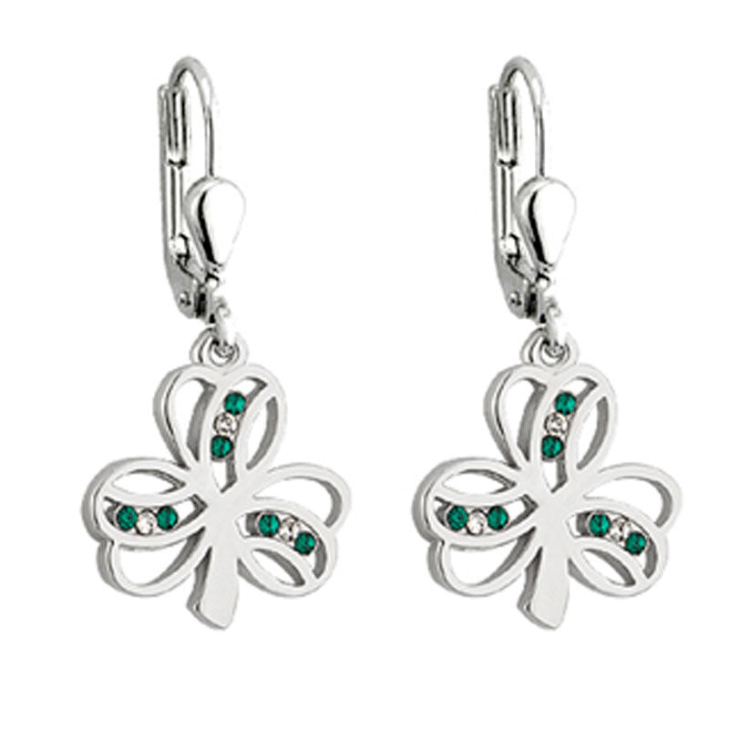 Rhodium Plated Shamrock Drop Earrings With Green & White Crystals