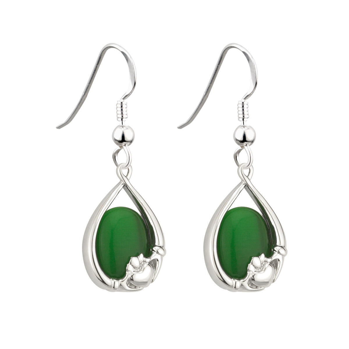 Rhodium Plated Cats Eye Stone Claddagh Drop Earrings