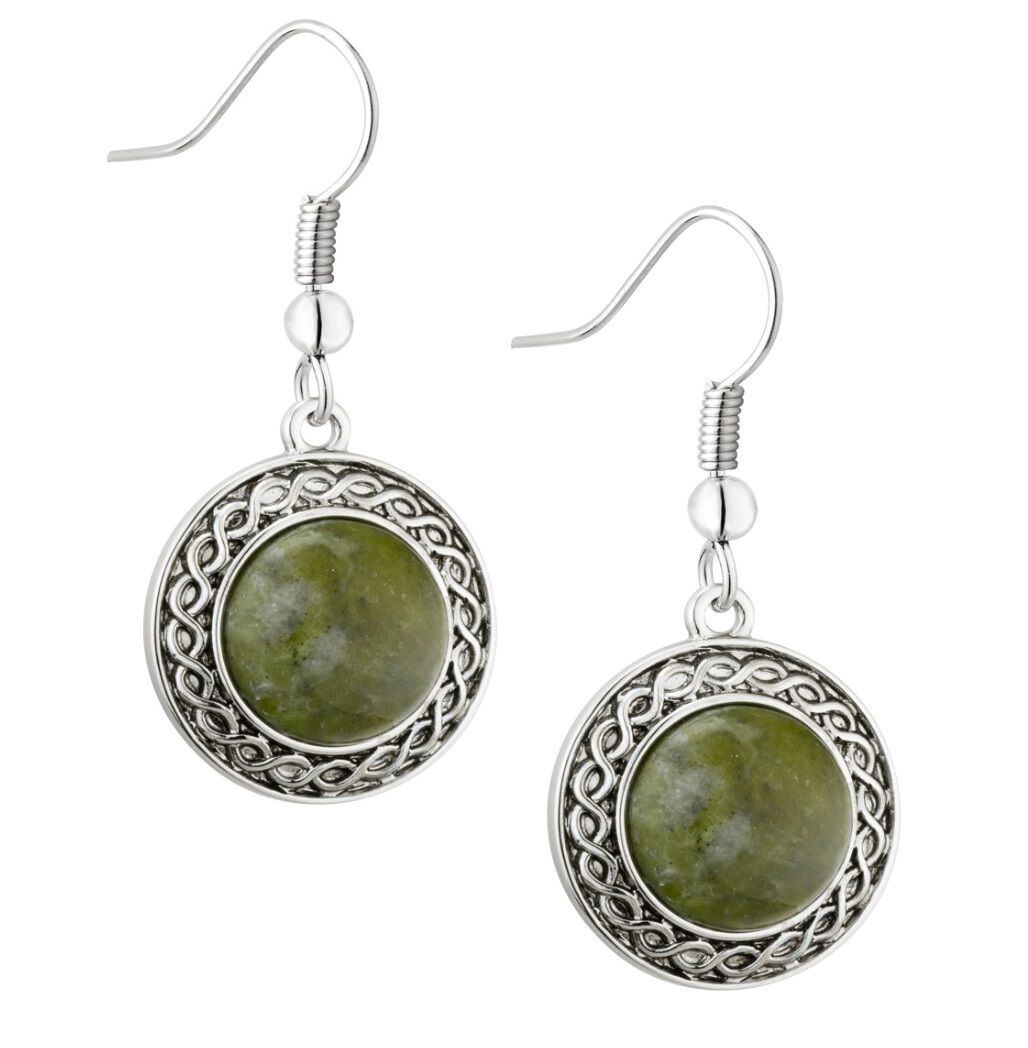 Rhodium Plated Connemara Marble Drop Earrings With Celtic Design