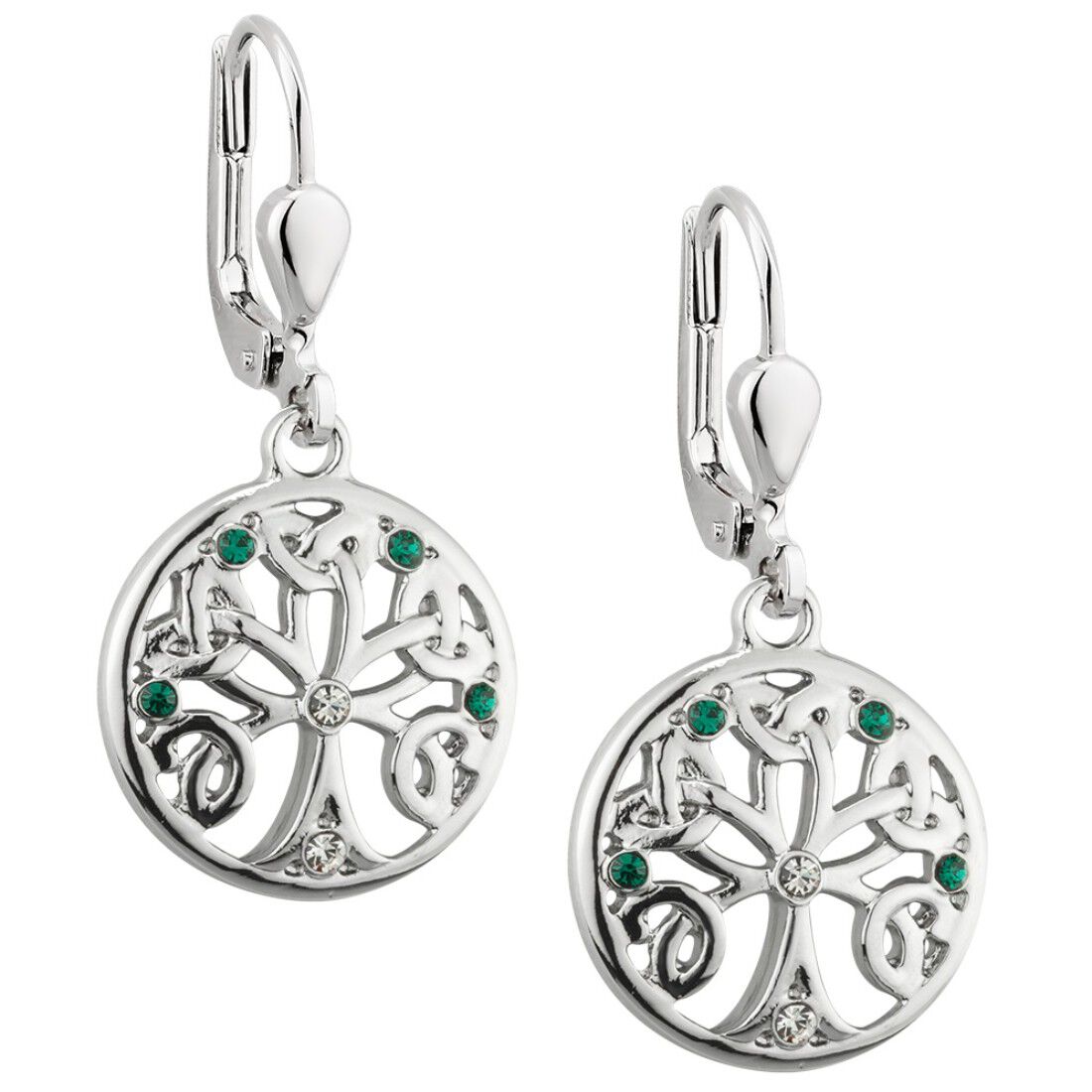 Lucky Green & White Crystal Tree Of Life Designed Drop Earrings