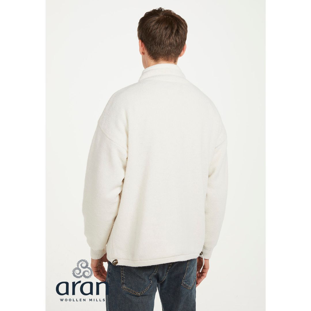 Lined Shetland Wool Zipper Aran Cardigan White