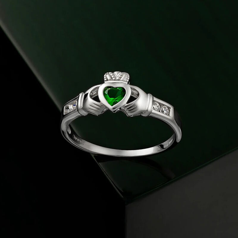 Sterling Silver Claddagh With Synthetic Emerald Ring