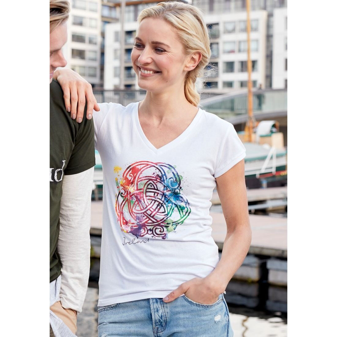 Ladies Celtic Knot Designed White Round Neck T-Shirt