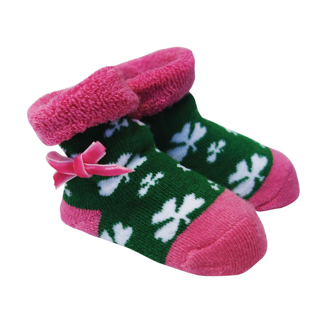 Green & Pink Baby Boots With White Shamrocks & Pink Ribbon