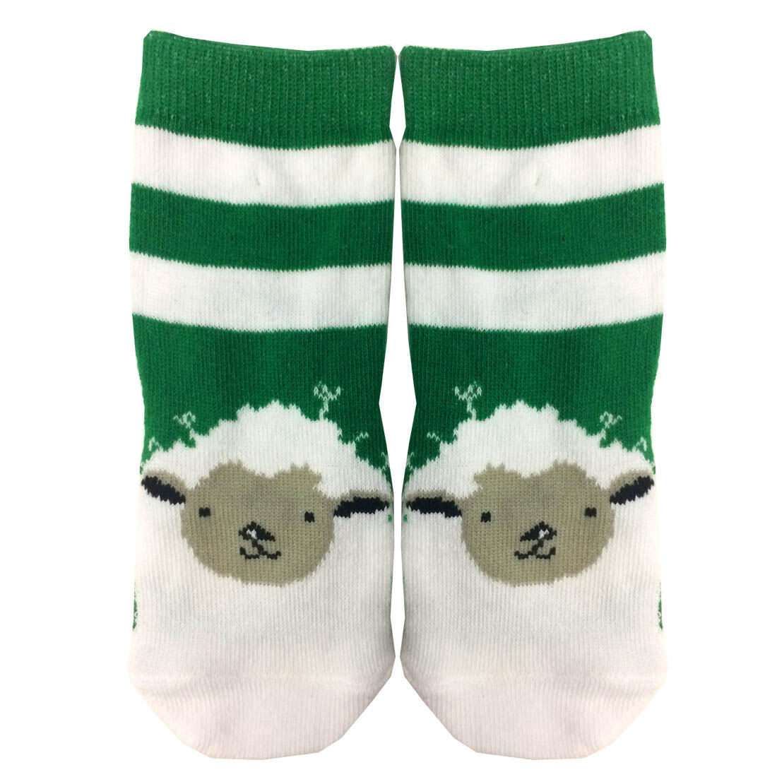 White Kid's Lucky Irish Socks With Green Stripes & Sheep Design