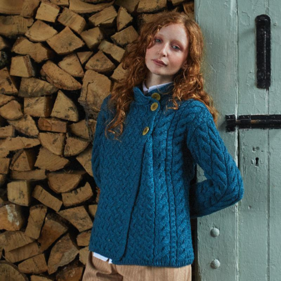 Ladies Luxury Merino Wool Trellis Multi Aran Cable Knit Cardigan Teal