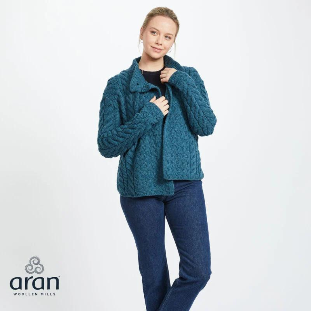 Ladies Luxury Merino Wool Trellis Multi Aran Cable Knit Cardigan Teal