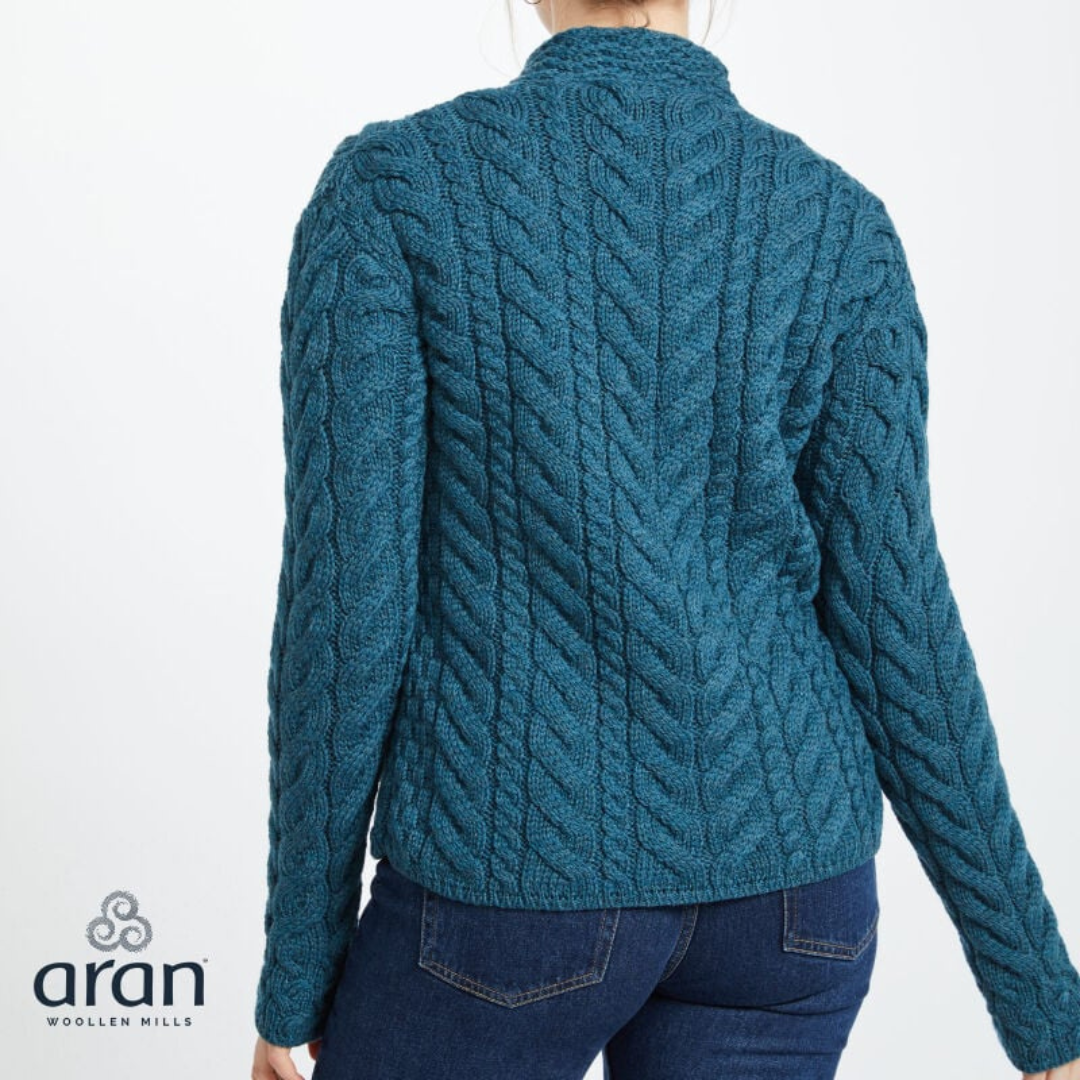 Ladies Luxury Merino Wool Trellis Multi Aran Cable Knit Cardigan Teal