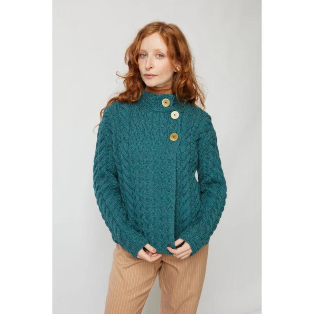 Ladies Luxury Merino Wool Trellis Multi Aran Cable Knit Cardigan Teal