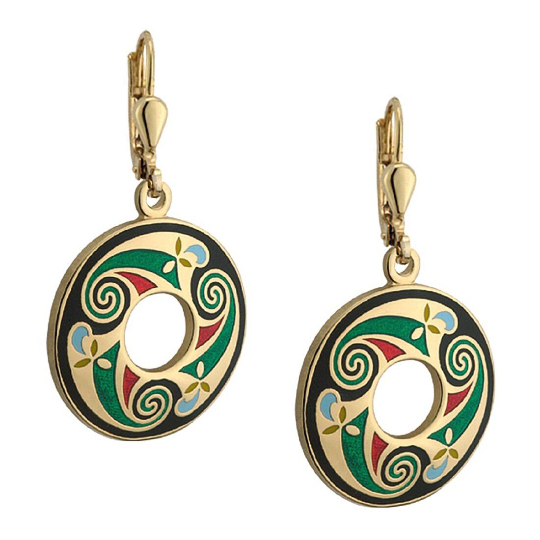 Gold Plated Round Earrings – Black Green Red Gold Celtic Swirl