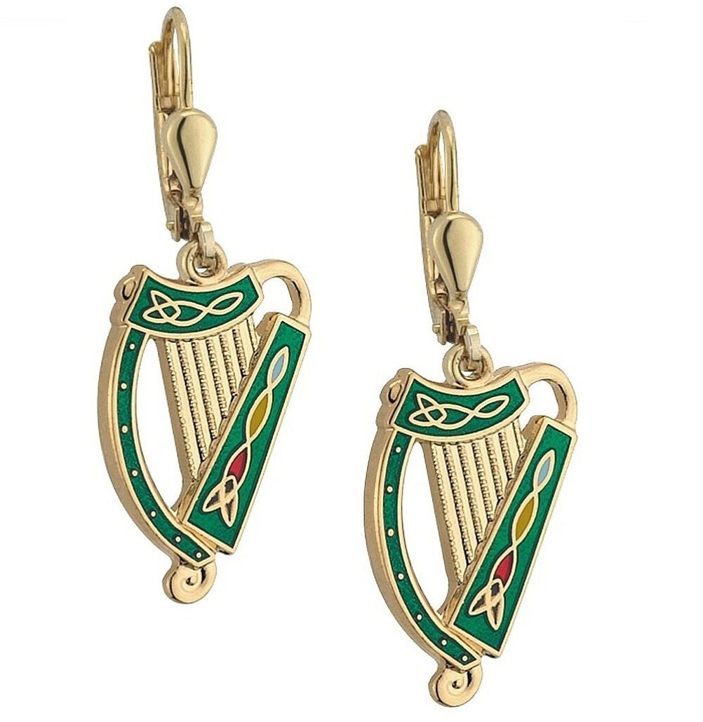 Gold Plated Green & Gold Irish Harp Celtic Designed Earrings