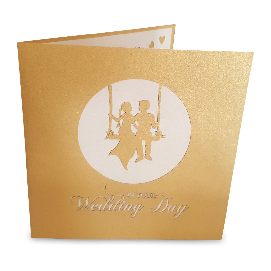 Gold wedding pop up card featuring a couple on a swing inside a white circle and a wedding day inscription