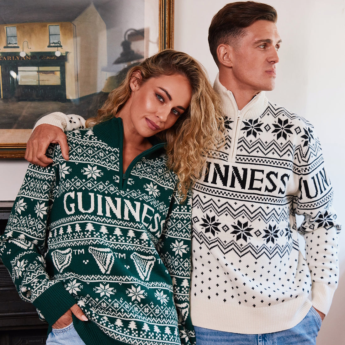Guinness 1/4 Zip Festive Green Christmas Sweater