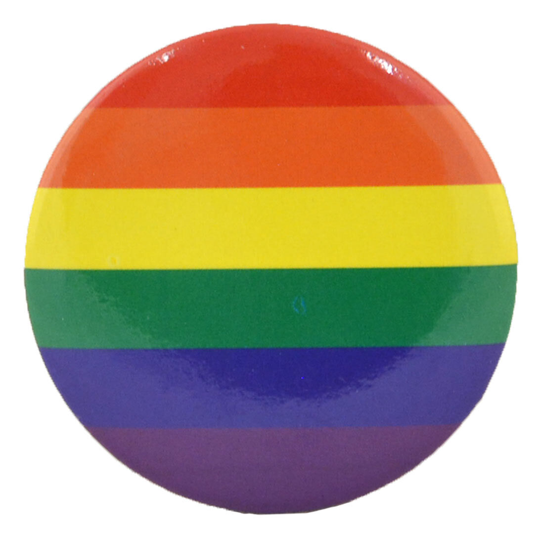 Round Pride badge with horizontal rainbow stripes in red orange yellow green blue and purple