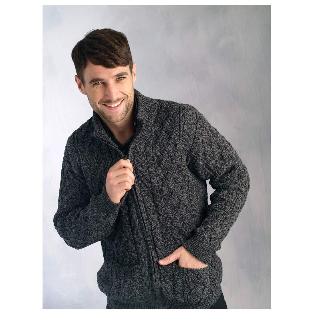 Men's Aran Zip Charcoal Cardigan