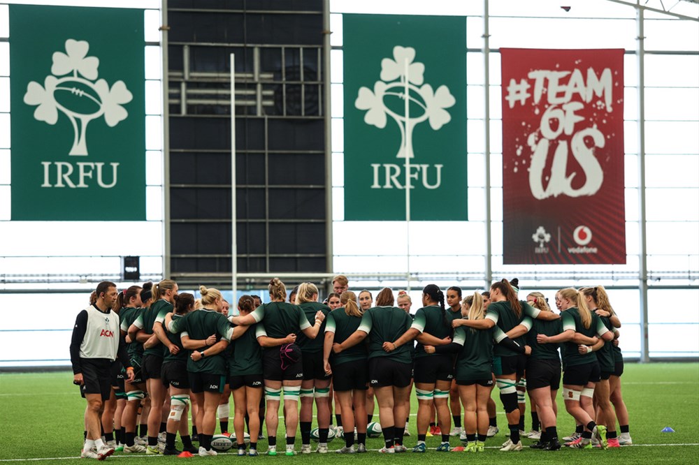 Women's rugby team on pitch