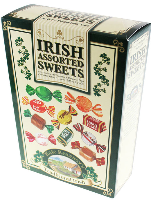 Irish Assorted Sweets box with green cream packaging and candy illustrations