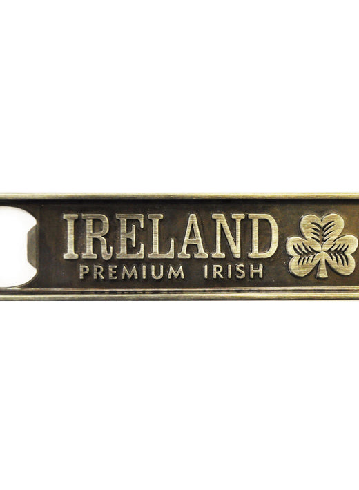 Brass tone rectangular bottle opener magnet engraved IRELAND PREMIUM IRISH with a shamrock