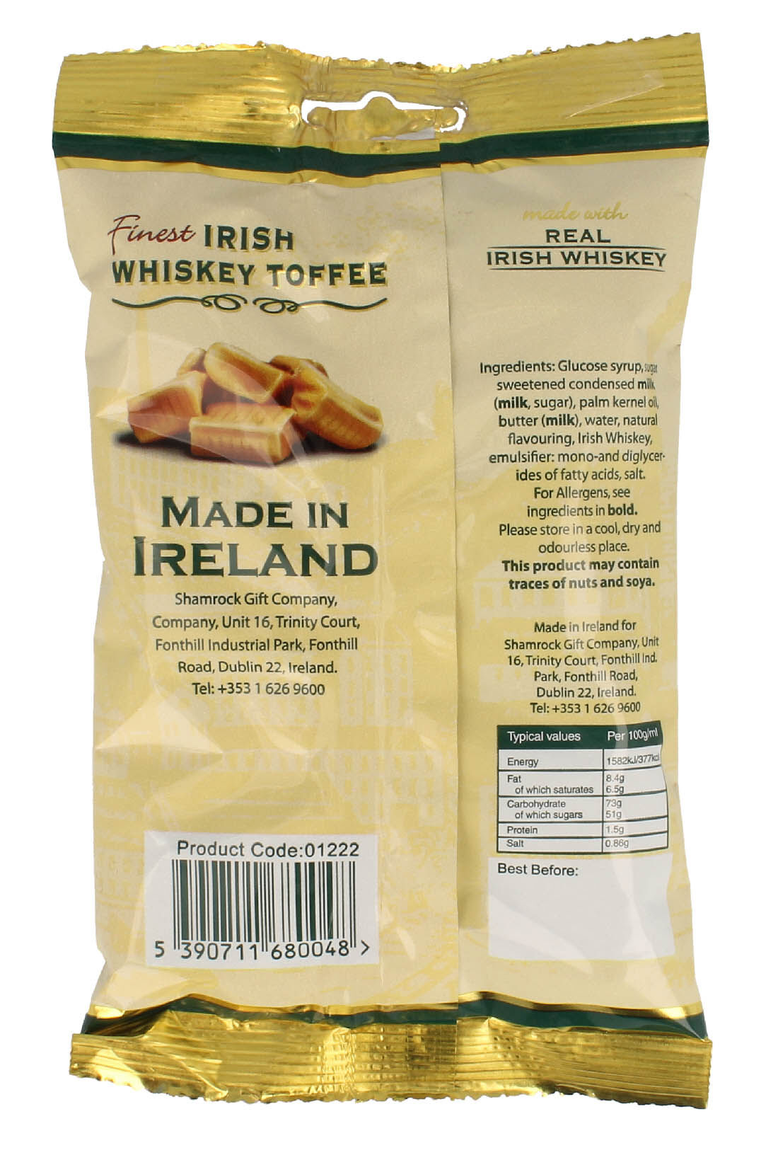 Back view of Finest Irish Whiskey Toffee bag showing ingredients and Made in Ireland text