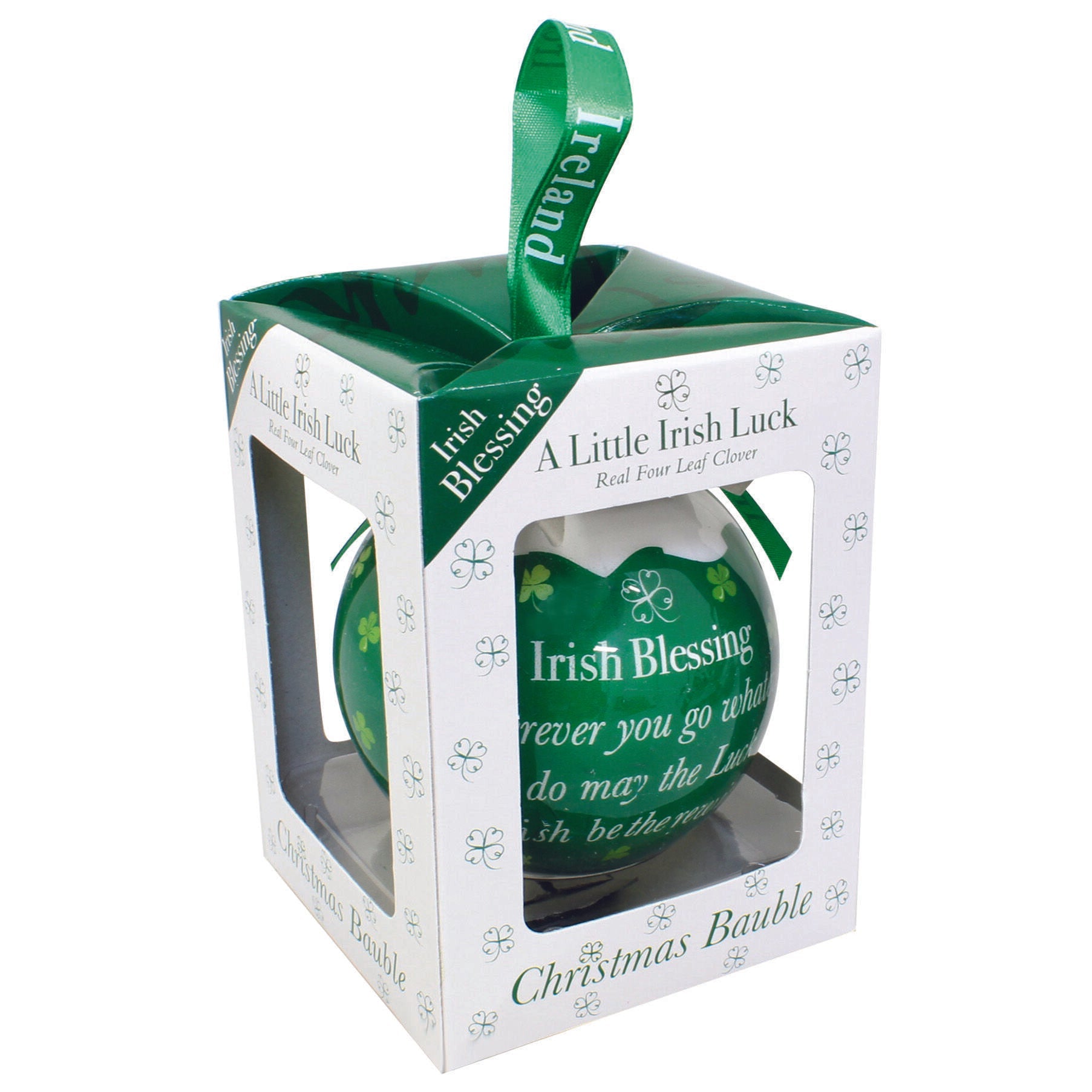 4 Leaf Clover Green Christmas Bauble With Irish Blessing