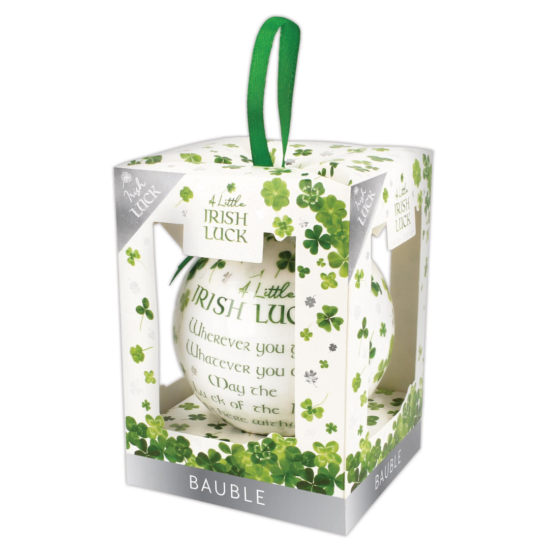 4 Leaf Clover White Christmas Bauble With Irish Saying
