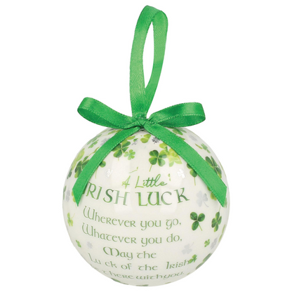 4 Leaf Clover White Christmas Bauble With Irish Saying