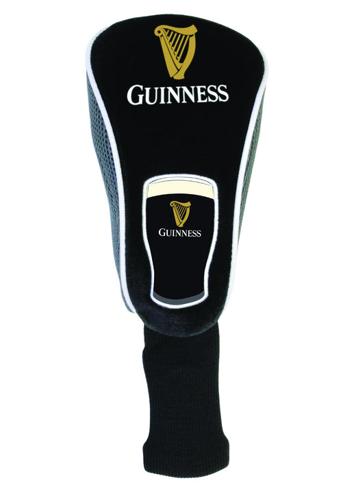 Black golf club headcover with Guinness harp logo and pint glass design