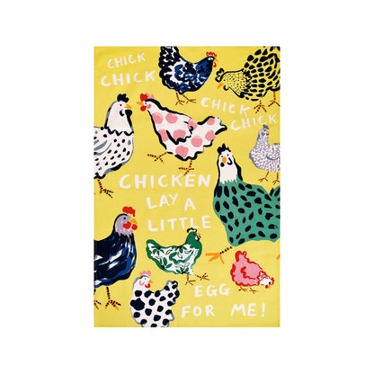 Bright yellow cotton tea towel with colorful chicken illustrations and playful white lettering
